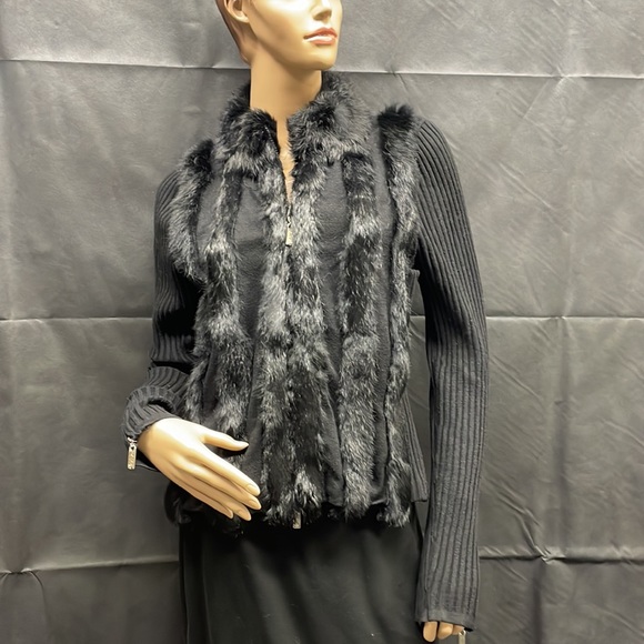 Vintage Dolce Cabo Black Knit Fur Front Zipper Cardigan - Picture 6 of 14